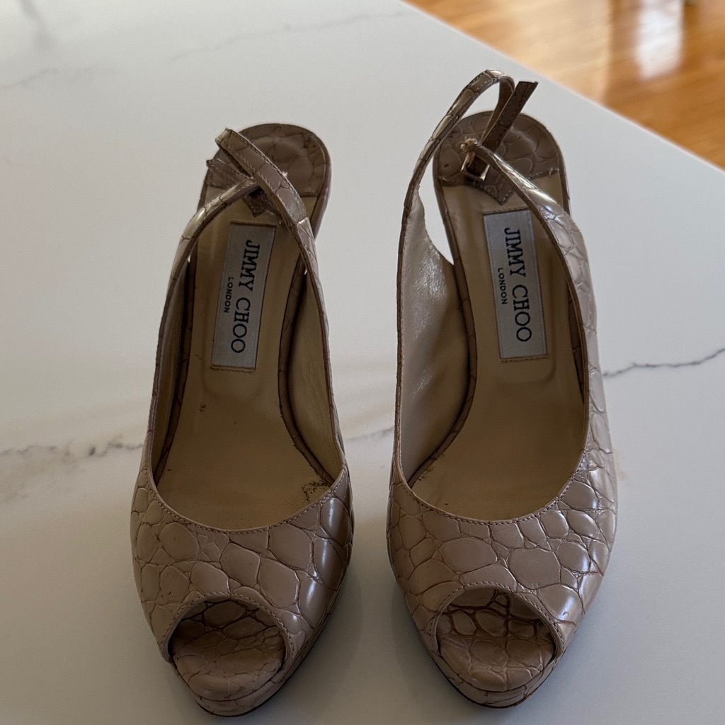Jimmy Choo Beige Croc-Pattern Peep-Toe Heels
